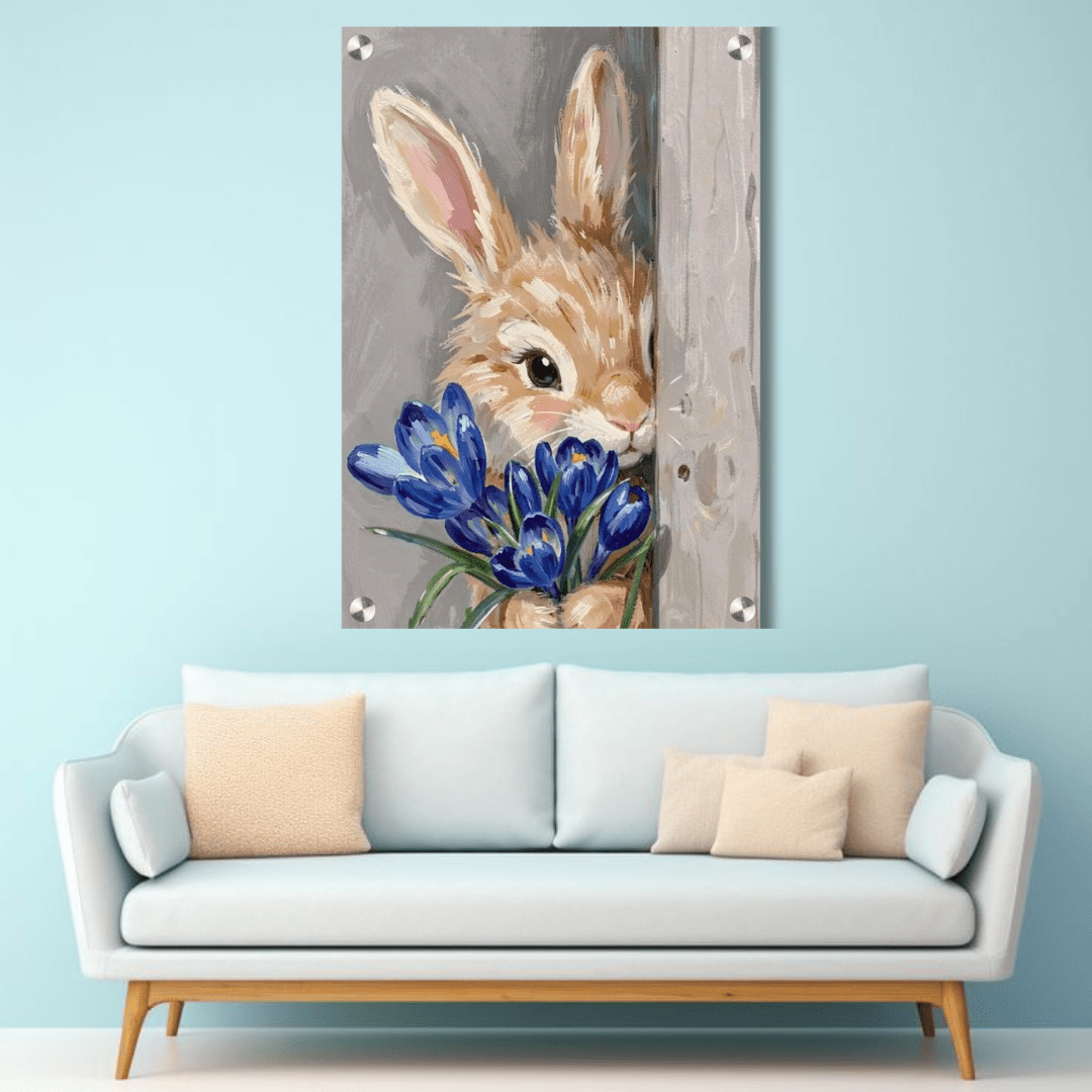 Cute Bunny with Blue Flowers Acrylic Wall Decor (12 × 18 Inch) - Memories InsiteCUTE BUNNY WITH BLUE FLOWER ACRYLIC WALL FRAME